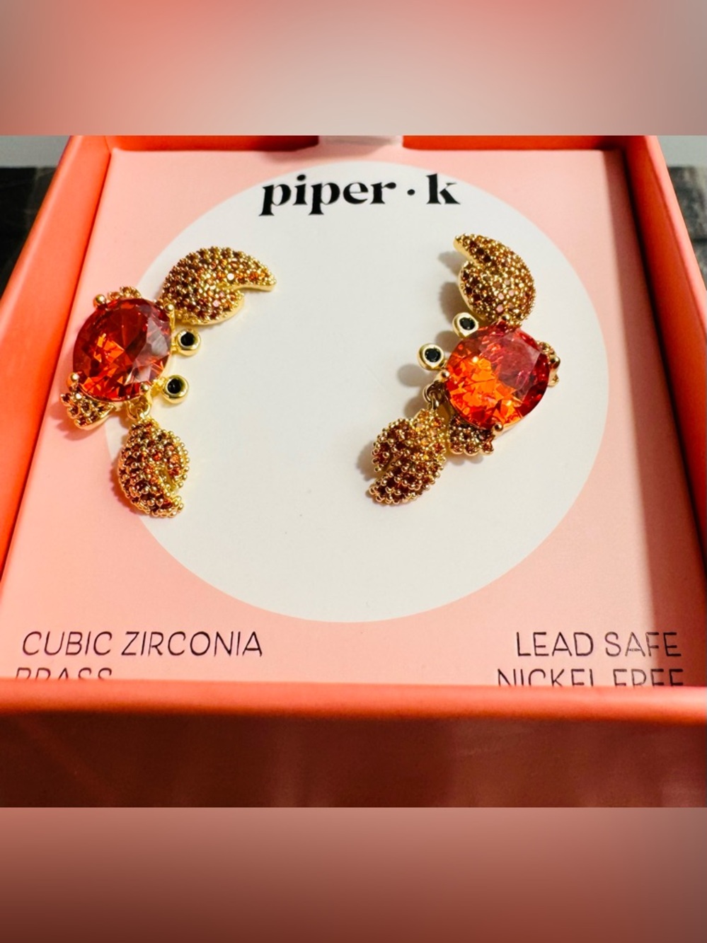 NWT Piper.K Gold Crab Earrings with Bright Orange Gems